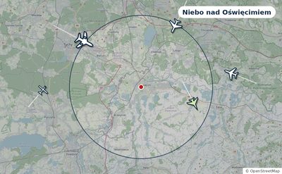 Mapa okolic miasta z sylwetkami samolotów — Niebo nad Oświęcimiem na żywo