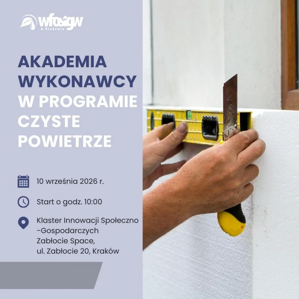 Grafika promocyjna wydarzenia Akademia Wykonawcy – szkolenie dla wykonawców programu „Czyste Powietrze”