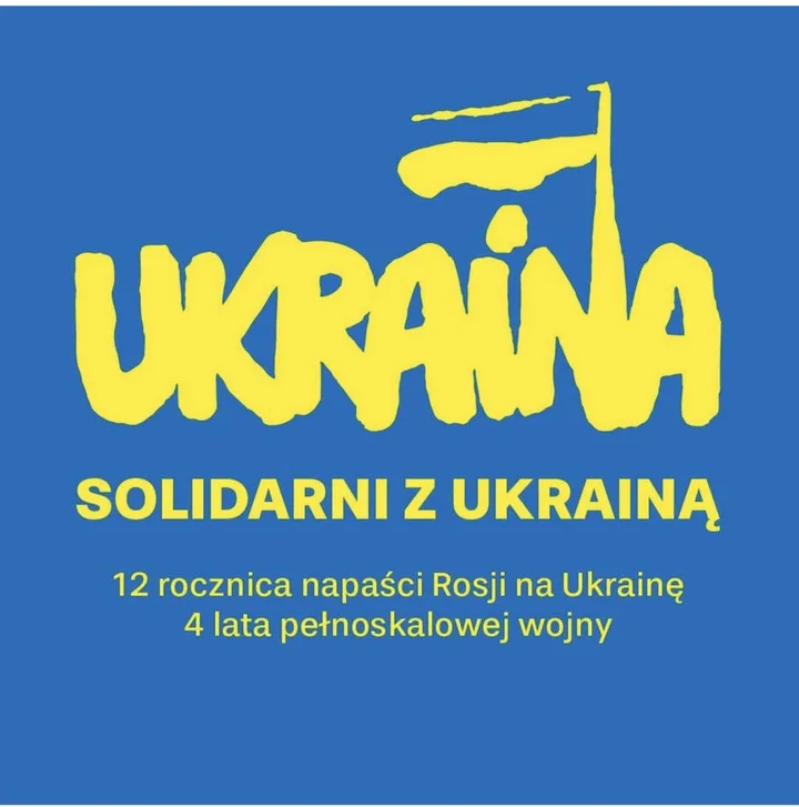 Grafika promocyjna wydarzenia Czwarta rocznica napaści Rosji na Ukrainę — protest na Rynku w Oświęcimiu