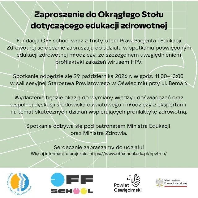 Grafika promocyjna wydarzenia Edukacja zdrowotna młodzieży – porozmawiajmy o profilaktyce HPV