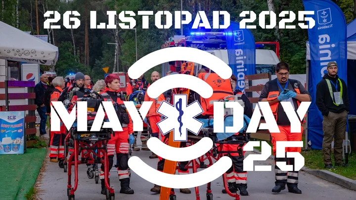 Grafika promocyjna wydarzenia MAYDAY25 — konferencja i ćwiczenia z zakresu postępowania przy zdarzeniach masowych (Oświęcim)