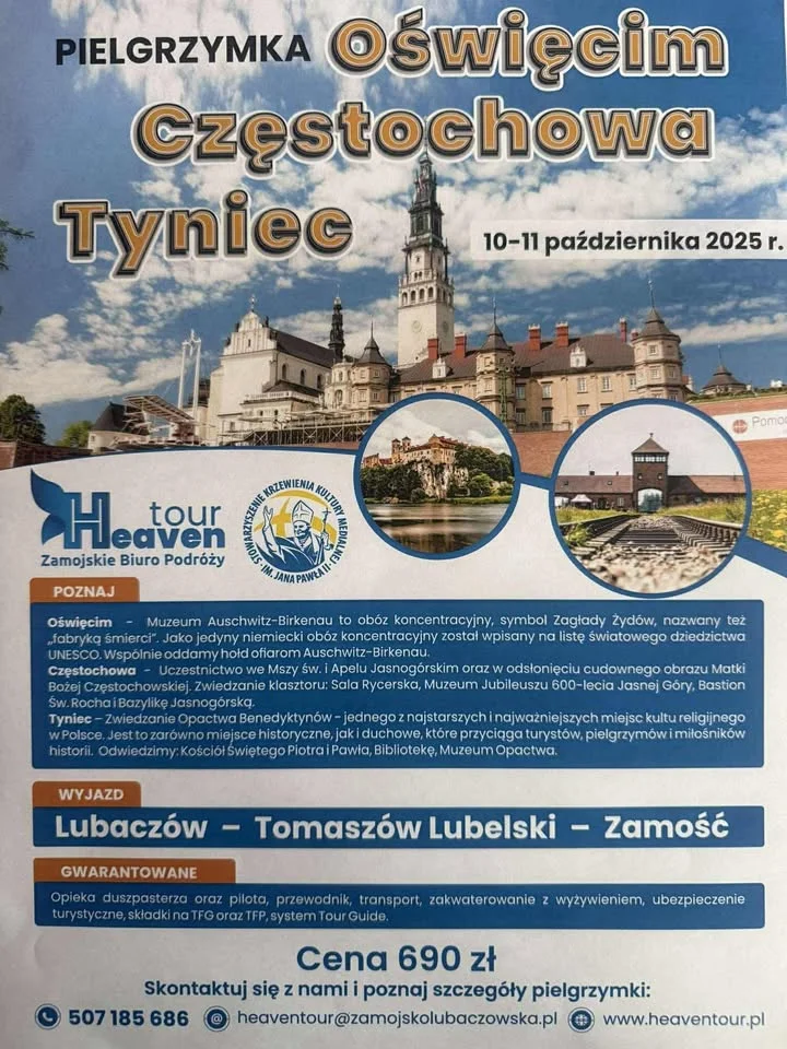 Obrazek przedstawia grafikę promocyjną wydarzenia Wyjazd turystyczny: Oświęcim – Częstochowa – Tyniec