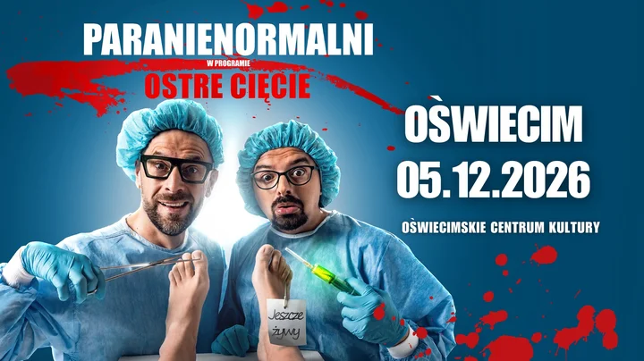 Grafika promocyjna wydarzenia Kabaret Paranienormalni — Ostre Cięcie w Oświęcimiu