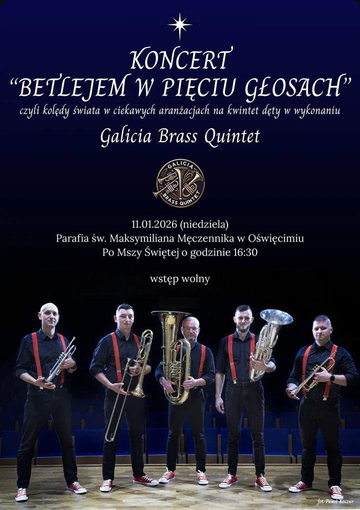 Grafika promocyjna wydarzenia Betlejem w Pięciu Głosach — koncert kolęd w Oświęcimiu