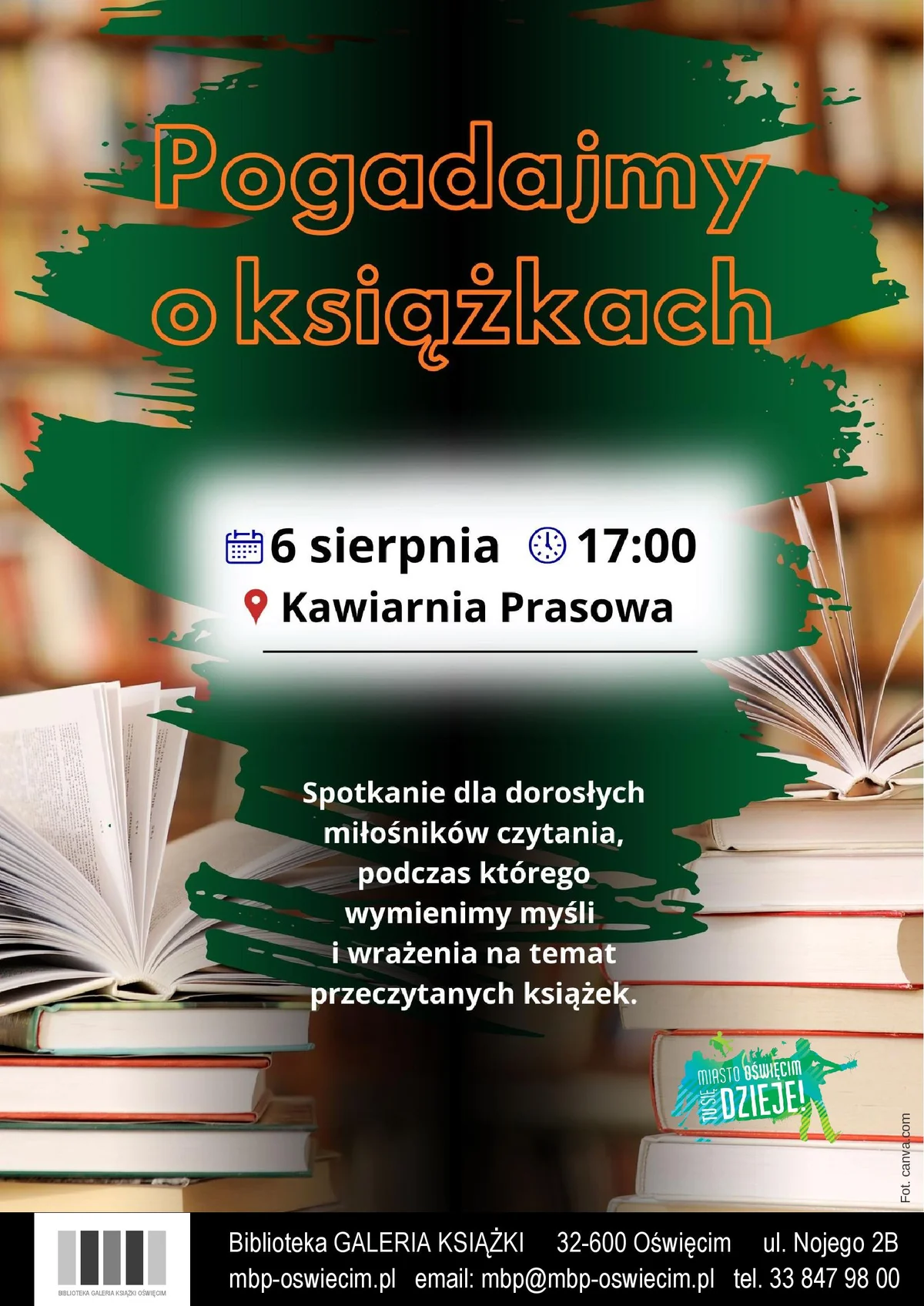 Grafika promocyjna wydarzenia Wakacyjne inspiracje czytelnicze w Oświęcimiu