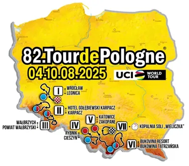 Grafika promocyjna wydarzenia 83. Tour de Pologne – przejazd V etapu przez Gminę Brzeszcze