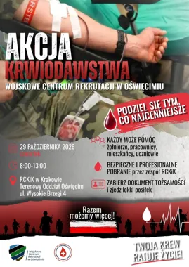 Grafika promocyjna wydarzenia Akcja krwiodawstwa WCR Oświęcim