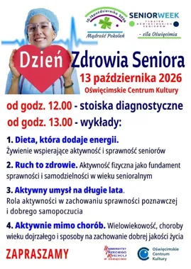 Grafika promocyjna wydarzenia Dzień Zdrowia Seniora w ramach Seniorweek – Tygodnia Oświęcimskich Seniorów