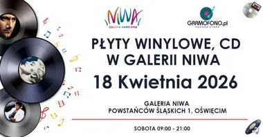 Grafika promocyjna wydarzenia Kiermasz Winylowy oraz CD w Galerii NIWA w Oświęcimiu – płyty, kasety i muzyczne perełki