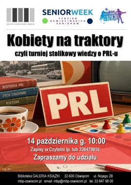 Grafika promocyjna wydarzenia Kobiety na traktory – turniej stolikowy wiedzy o PRL-u