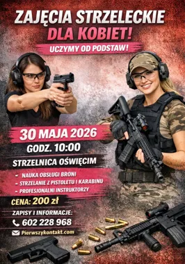Grafika promocyjna wydarzenia Szkolenie Podstawowe dla kobiet w Strzelnicy Oświęcim – pierwszy kontakt z bronią