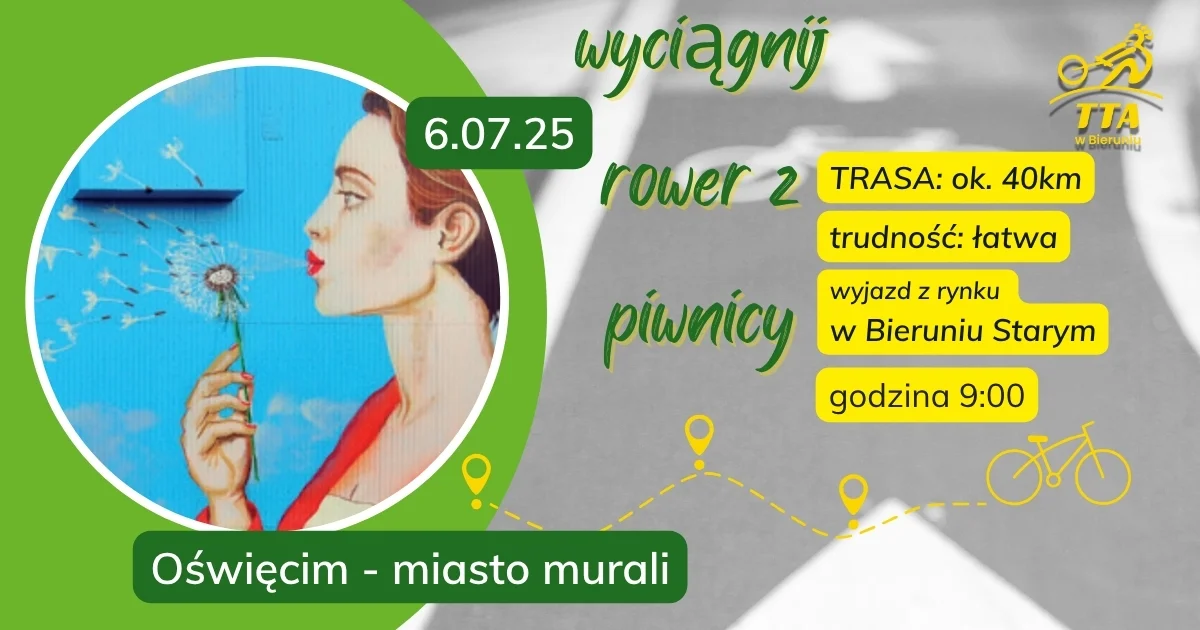 Grafika promocyjna wydarzenia Wycieczka rowerowa do Oświęcimia z poznawaniem lokalnych murali
