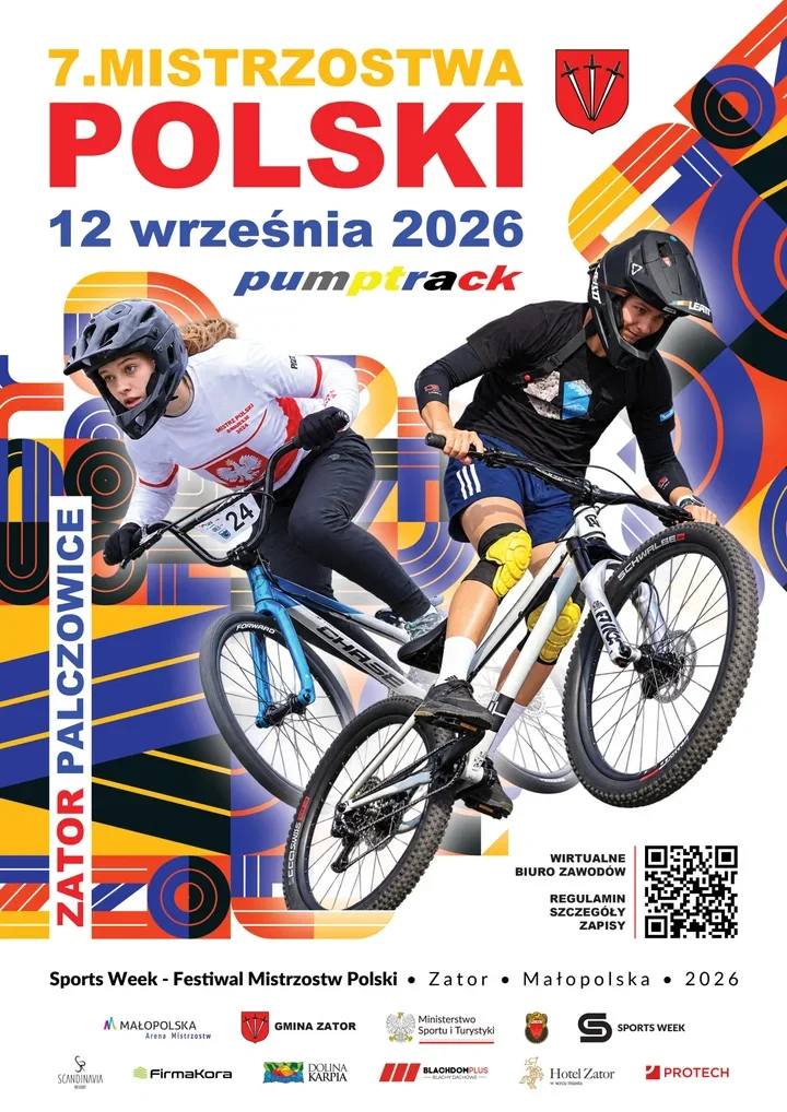 Plakat promujący 7. Mistrzostwa Polski w pumptracku, które odbędą się 12 września 2026 roku w Zatorze-Palczowicach.