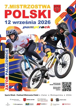 Plakat promujący 7. Mistrzostwa Polski w pumptracku, które odbędą się 12 września 2026 roku w Zatorze-Palczowicach.